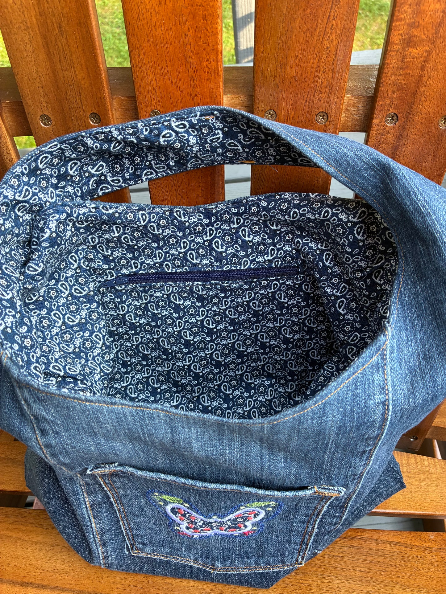 Slouch Bag, Hobo Bag, Repurposed Denim Shoulder Bag with Embroidery