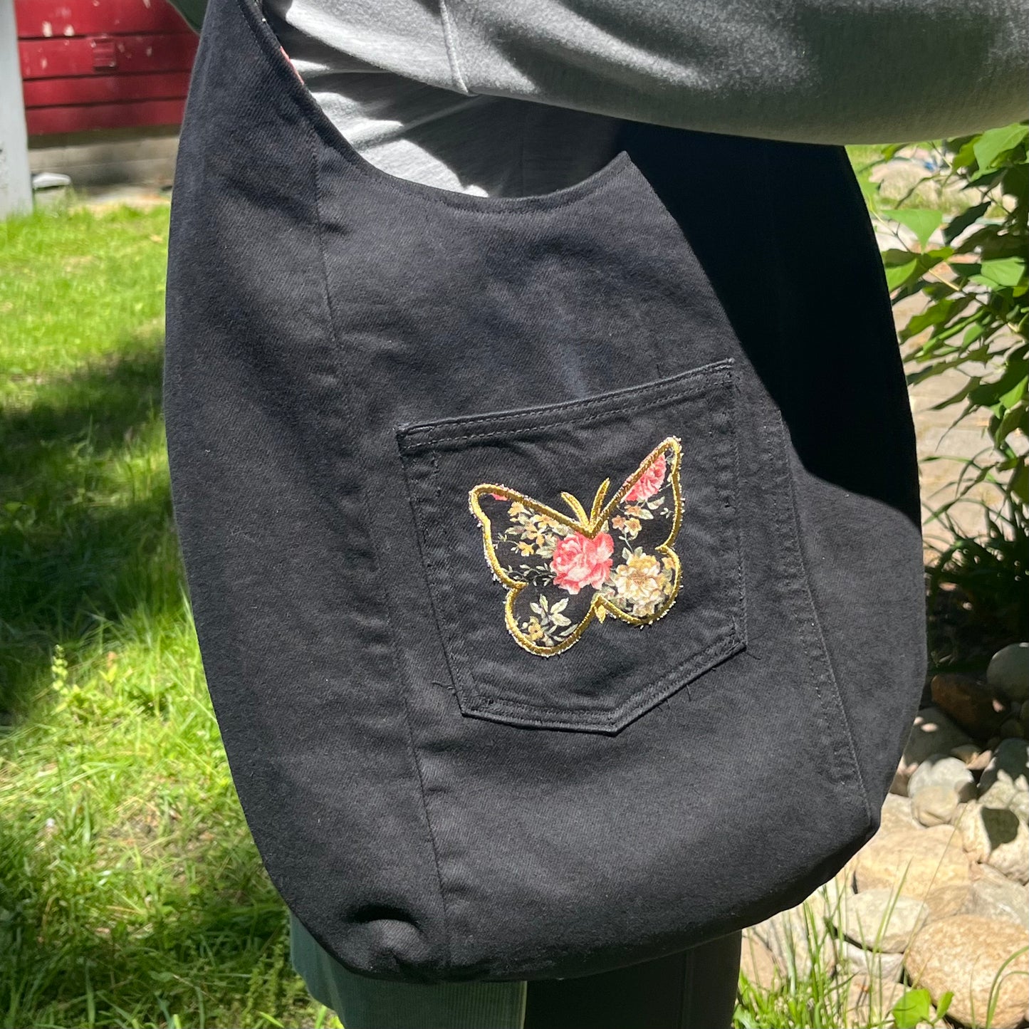 Slouch Bag, Hobo Bag, Repurposed Black Denim Shoulder Bag with Embroidery
