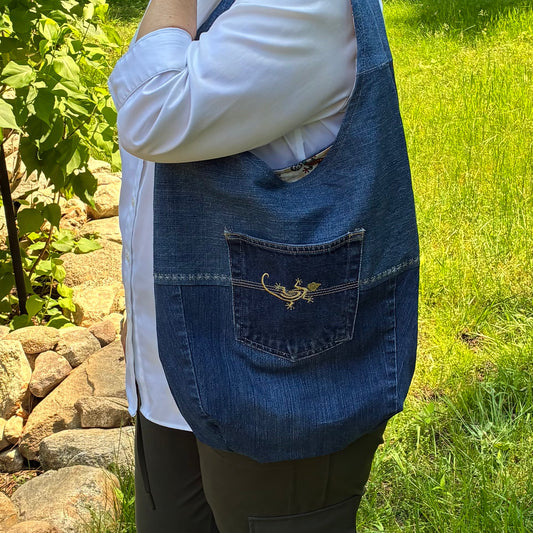 Slouch Bag, Hobo Bag, Repurposed Denim Shoulder Bag with embroidery