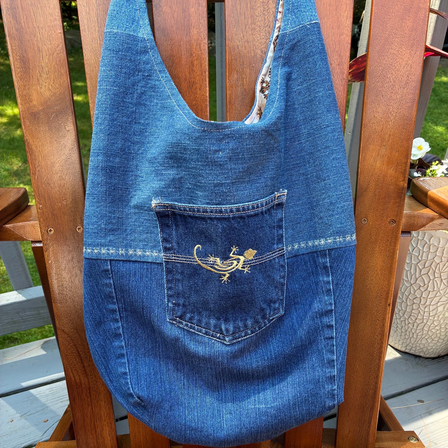 Slouch Bag, Hobo Bag, Repurposed Denim Shoulder Bag with embroidery