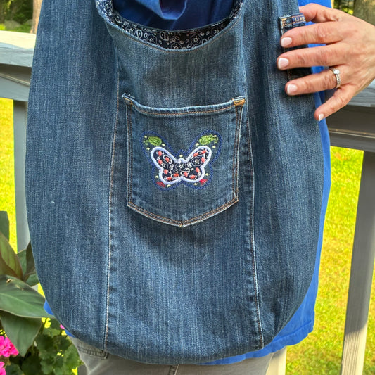 Slouch Bag, Hobo Bag, Repurposed Denim Shoulder Bag with Embroidery
