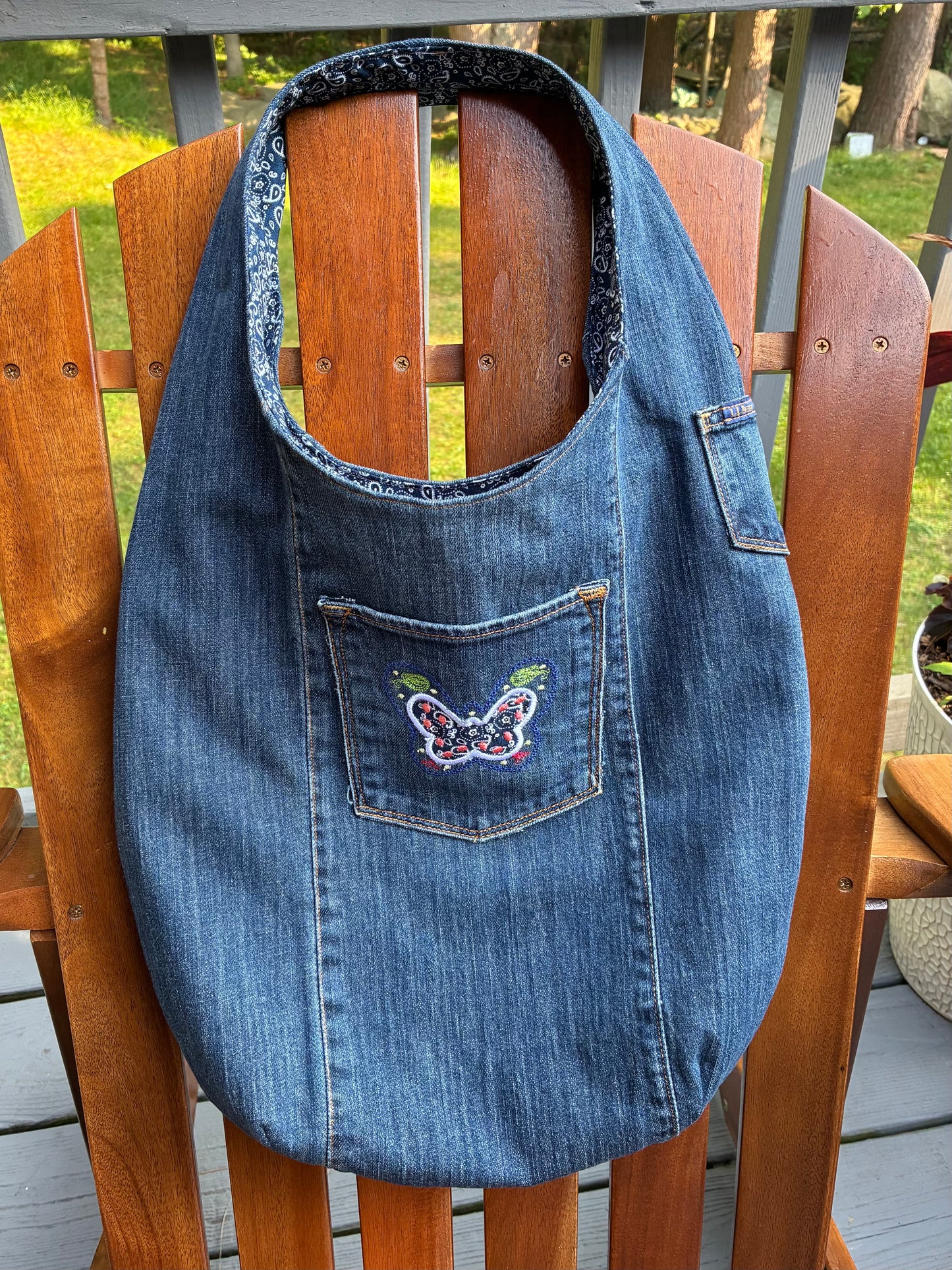 Slouch Bag, Hobo Bag, Repurposed Denim Shoulder Bag with Embroidery