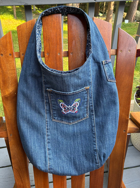 Slouch Bag, Hobo Bag, Repurposed Denim Shoulder Bag with Embroidery