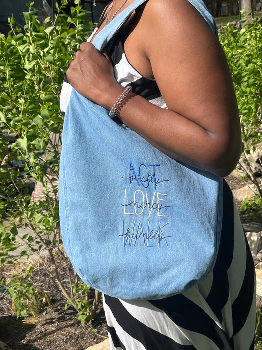 Slouch Bag, Hobo Bag, Repurposed Denim Shoulder Bag with embroidery