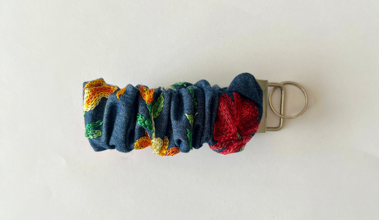 Scrunchie Keychain Wristlet / Key Fob holder Embroidered Denim