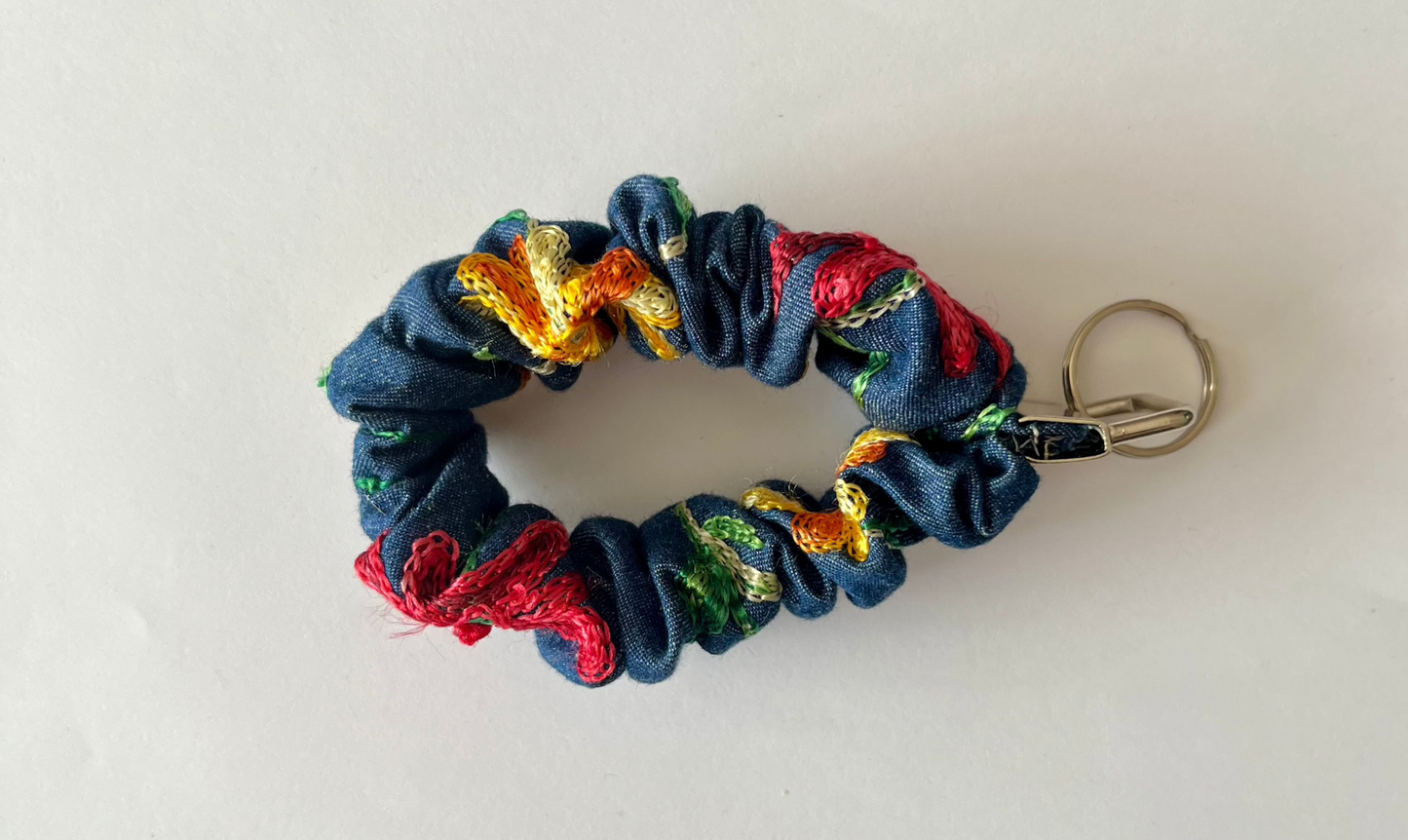 Scrunchie Keychain Wristlet / Key Fob holder Embroidered Denim