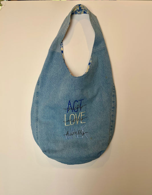 Slouch Bag, Hobo Bag, Repurposed Denim Shoulder Bag with embroidery