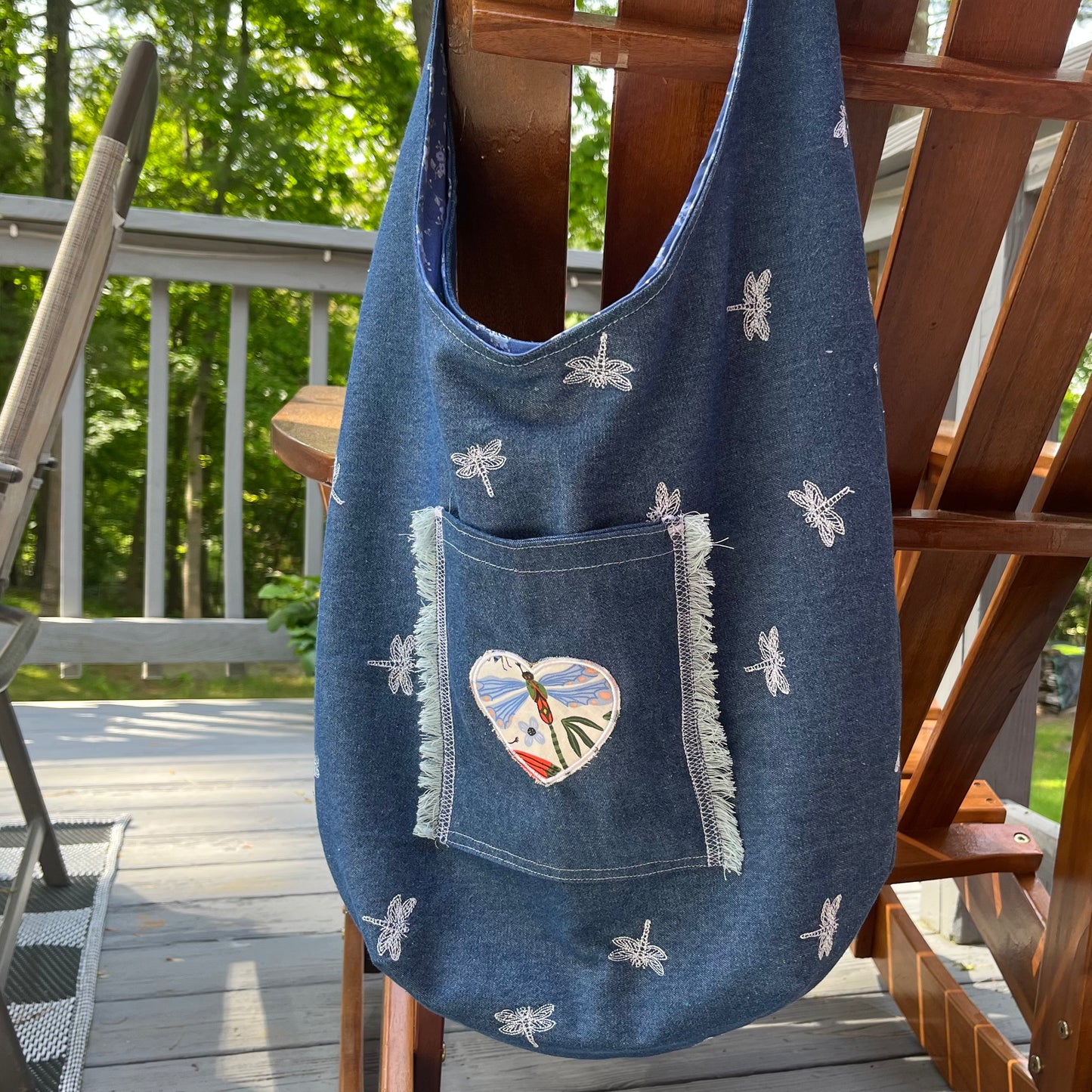 Slouch Bag, Hobo Bag, Remnant Denim Shoulder Bag with embroidery