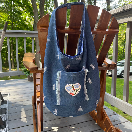 Slouch Bag, Hobo Bag, Remnant Denim Shoulder Bag with embroidery