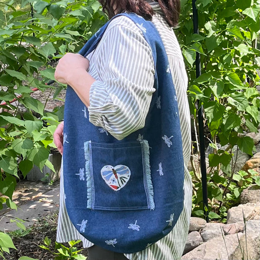 Slouch Bag, Hobo Bag, Remnant Denim Shoulder Bag with embroidery