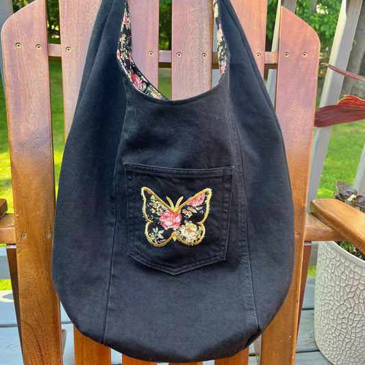 Slouch Bag, Hobo Bag, Repurposed Black Denim Shoulder Bag with Embroidery