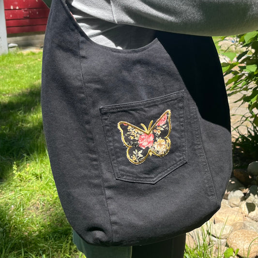 Slouch Bag, Hobo Bag, Repurposed Black Denim Shoulder Bag with Embroidery